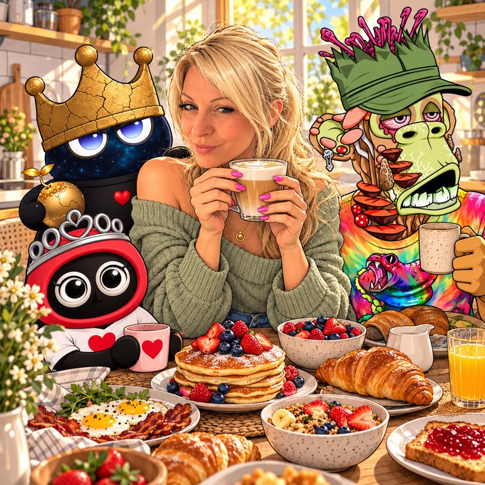 A composite image featuring a blonde woman sipping coffee at a lavish breakfast spread, surrounded by cartoon characters including a crowned black figure, a penguin wearing a tiara, and a green goblin-like creature.