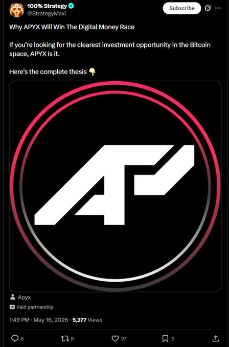 The image features a Twitter post with a logo for a cryptocurrency called "Apxx". The post includes a caption that reads, "Why APX will Win The Digital Money Race", suggesting that the cryptocurrency has a strong foundation or competitive advantage over others in its field. The post also mentions that the creator of the post is a user named @StrategicInvesting and that they have been paid to promote stablecoins backed by the cryptocurrency.