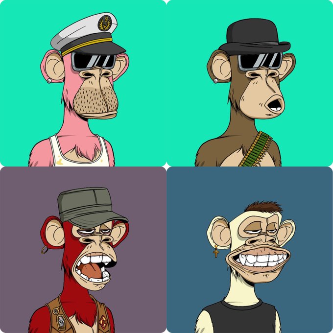 A four-panel grid of cartoon monkey characters styled like Bored Ape NFTs, each with different outfits including a sailor cap, bowler hat, military cap, and tank top with sunglasses.