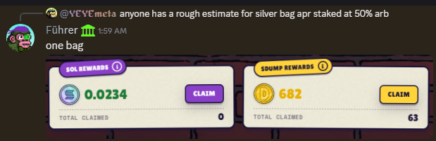 A Discord exchange where user Führer responds 'one bag' to a question about silver bag apr staked at 50% arb, shown alongside SOL and SUMP rewards claim panels showing 0.0234 and 682 tokens.