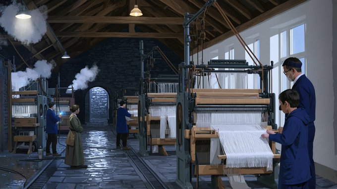 A digital illustration depicts a bustling 19th-century textile mill with steam-powered looms and workers operating the machinery under a vaulted wooden ceiling.