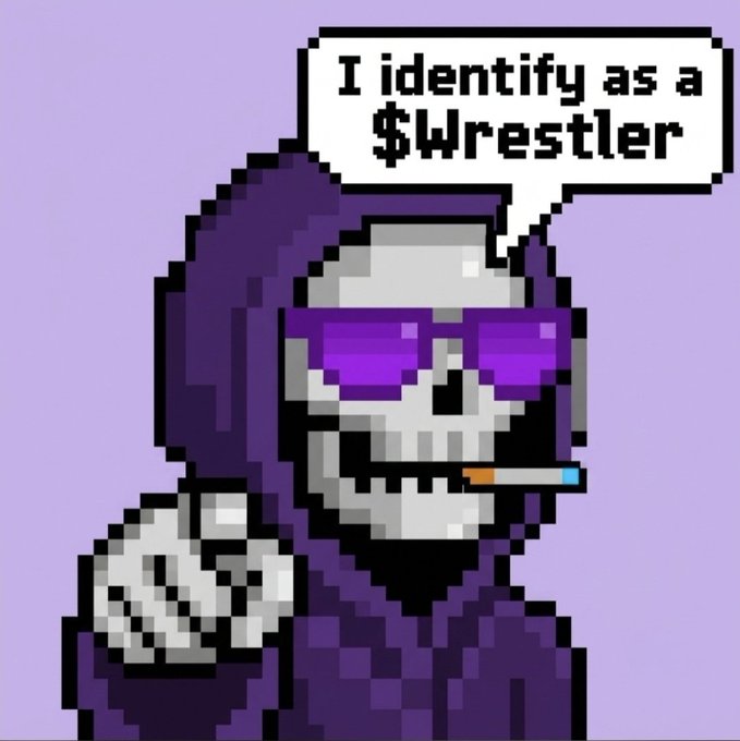 A pixel art image of a skeletal figure in a purple hooded robe wearing purple sunglasses and smoking, with a speech bubble reading 'I identify as a $Wrestler'.