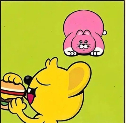 A yellow cartoon mouse devours a large hamburger while a pink cat watches hungrily from above, mirroring the post's joke about chasing crypto gains ("$BILL," "$PRL," "$MON") while the real 2026 earnings remain "0 fig"—all appetite, no actual meal.
