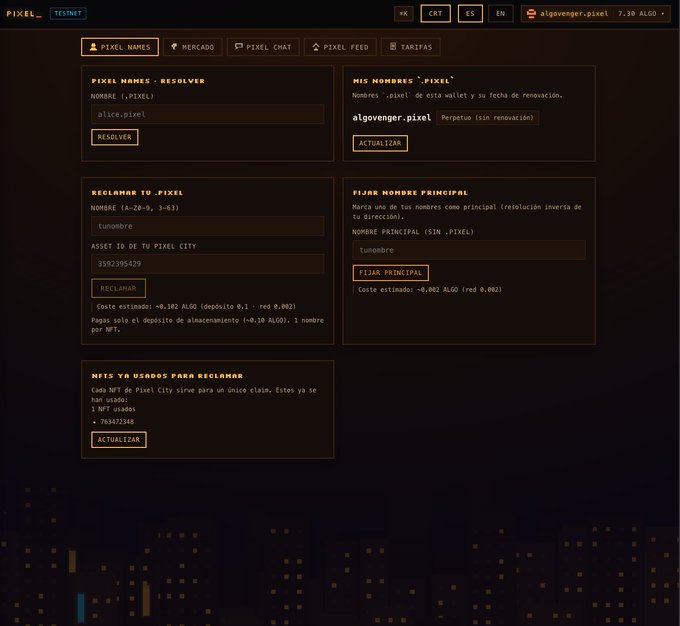 A dark-themed web dashboard for 'PIXEL TESTNET' on algovenger.pixel showing PIXEL NAMES resolution, claiming your pixel (alice.pixel/tunombre), and setting a primary name with associated NFTs and ALGO token cost estimates.