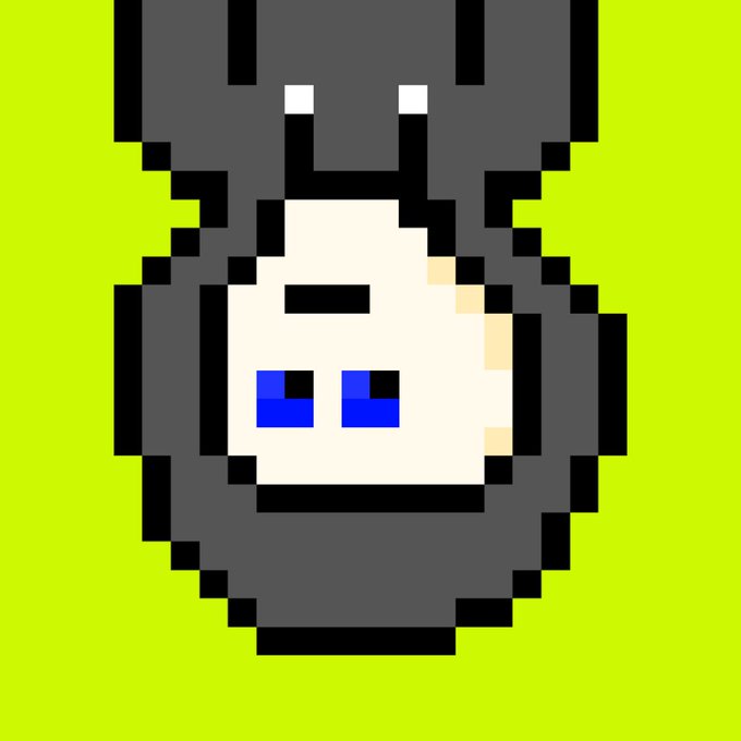 A pixel art illustration on a yellow background, featuring a white face with blue eyes surrounded by a black and gray shape.