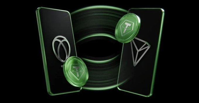 Two smartphones with glowing green edges display the Tether (USDT) and TRON (TRX) logos, accompanied by green Tether coin icons, visually representing the post's announcement that Oobit—a Tether-led payment platform—now enables direct TRX transfers to bank accounts and Tap & Pay crypto payments at over 100 million Visa/Mastercard merchants worldwide.