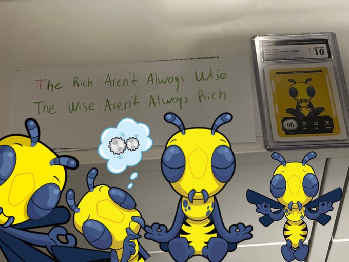 An arrangement featuring a graded CGC Pokémon trading card of an Electric-type Pikachu alongside cartoon bee characters and a handwritten note reading 'The Rich Aren't Always Wise, The Wise Aren't Always Rich'.