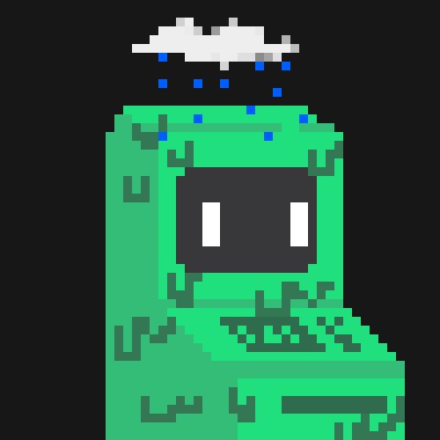A pixel art image of a green, boxy robot or character with a digital screen face, standing under a small rain cloud with blue raindrops falling on it.