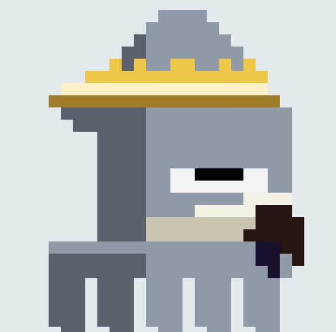 A pixel-art gray character wearing a yellow crown hat sits with what appears to be a dark object, fitting the NFT/crypto theme of the post where the user promotes the KrakensOnInk collection as a cheap alternative to expensive Inkchain NFTs.