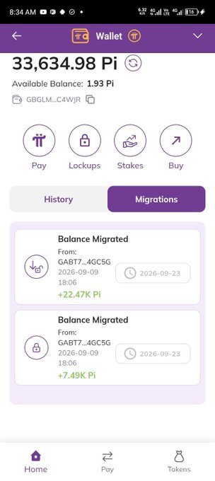 Screenshot of a Pi Network wallet showing a balance of 33,634.98 Pi with two recent "Balance Migrated" entries of +22.47K Pi and +7.49K Pi on 2026-09-23, visually confirming the user's second migration referenced in the post.