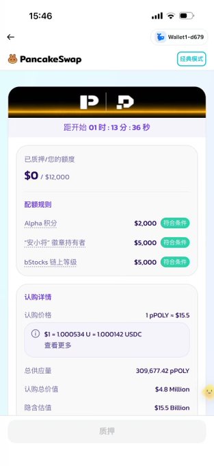A mobile screenshot of a PancakeSwap 'Public Sale' interface for a 'pP' token, showing allocation rules, a token price of 1 pPOLY = $15.5, and an implied valuation of $15.5 Billion.