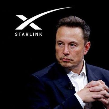 Elon Musk in a dark suit and white shirt sits with his hands clasped, with the 'X STARLINK' logo displayed in white on the black background to his left.