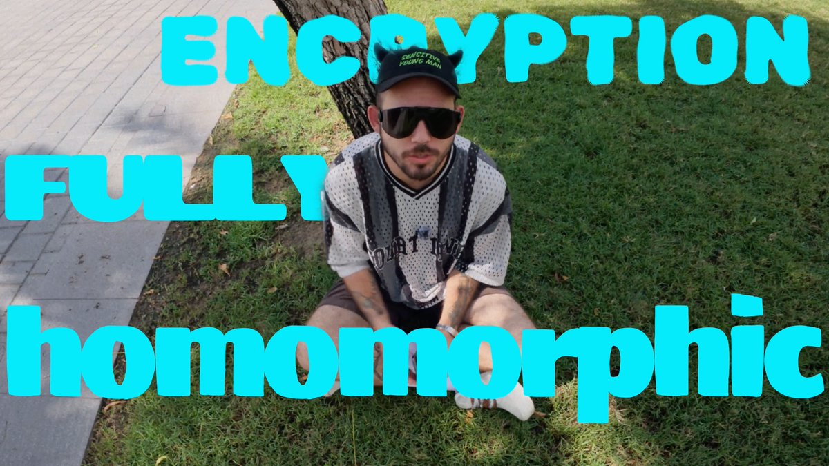 A man in sunglasses and a 'SENSITIVE YOUNG MAN' cap sits on grass, with large cyan text overlay reading 'ENCRYPTION FULLY homomorphic'.