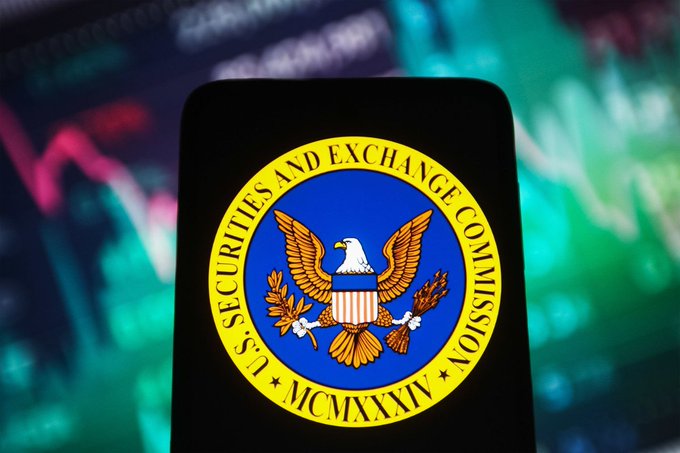 The U.S. Securities and Exchange Commission (SEC) seal is displayed on a smartphone screen with financial charts in the background.