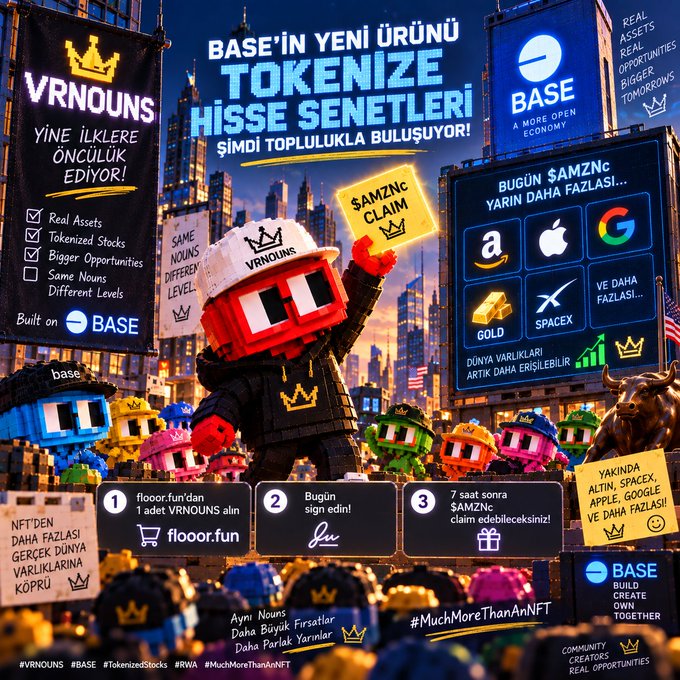 A promotional graphic featuring Lego-style characters in a cityscape advertising 'VRNOUNS' built on the 'BASE' platform, with Turkish text promoting tokenized stocks and $AMZNC claim opportunities.