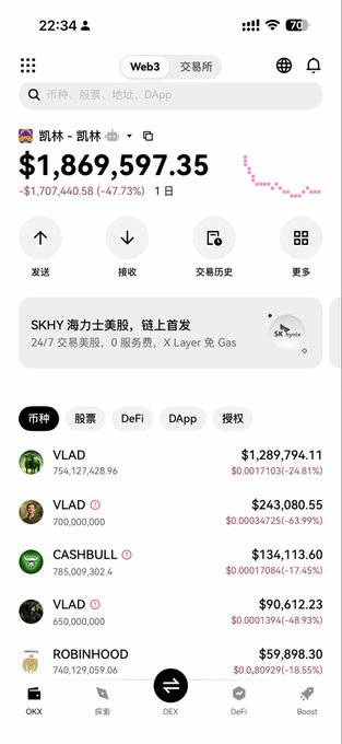 The image shows a Web3 wallet portfolio displaying a balance of $1,869,597.35, with a notable position in VLAD worth $1,289,794.11 and a $59,898.30 holding in ROBINHOOD token. The screenshot illustrates the post's boast about cashing out significant profits, with the Robinhood token entry likely being the "fated" giveaway mentioned in the caption.