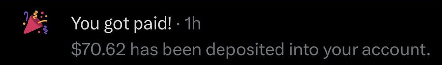 A notification message reading 'You got paid! · 1h' with the message '$70.62 has been deposited into your account' accompanied by a party popper emoji.