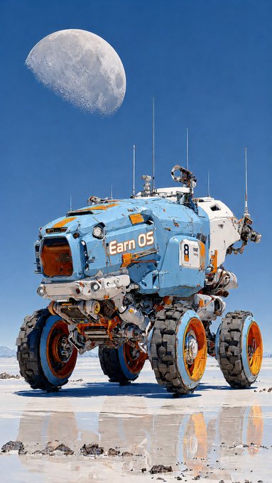 A blue and white futuristic rover labeled "Earn 05" sits on a reflective plain beneath a large moon.