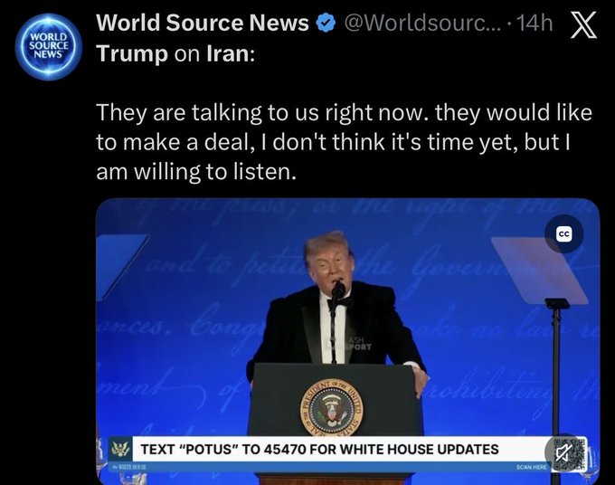The image is a screenshot of a tweet from World Source News (@Worldsourc...) quoting Trump at a podium with the Presidential seal, stating: "They are talking to us right now. they would like to make a deal, I don't think it's time yet, but I am willing to listen." The tweet connects to the accompanying post's message "Ignore Peace Deals FOCUS!" by highlighting Trump's remarks about potential Iran negotiations while the caption urges viewers to disregard such diplomatic overtures.