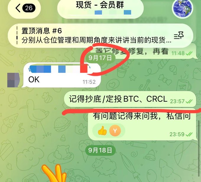 A screenshot of a Chinese WeChat group chat titled "现货 - 会员群" (Spot - Member Group) shows a pinned message inviting discussion on position management, followed by a "OK " reply at 11:52 on 9月17日 (September 17th), and a later message reminding members to buy the dip/DCA into $BTC and $CRCL on 9月18日. The image illustrates the September 17th interaction referenced in the post, showing the " OK" response confirming the group leader's call to action ahead of the subsequent BTC dip-buying instruction.