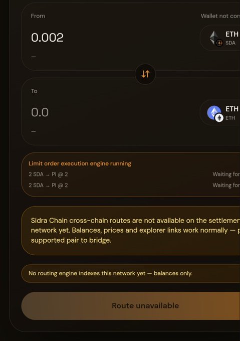 Crypto exchange swap interface attempting to convert 0.002 ETH on Sidra Chain to 0.0 ETH on Base, displaying a 'Route unavailable' message because cross-chain routes are not supported yet.