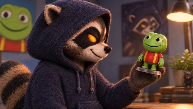 A raccoon wearing a dark hooded sweatshirt holds up a small green smiling frog figurine, with the same frog depicted as a painting on the wall behind them.
