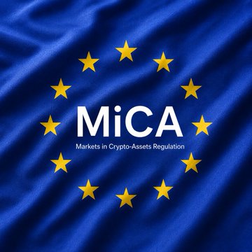 An EU flag with gold stars arranged in a circle overlaid with the text 'MiCA - Markets in Crypto-Assets Regulation'.