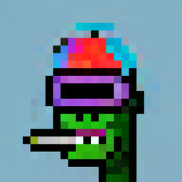 A pixel art image of a green zombie-like character with pink skin, wearing a red and blue helmet with purple goggles, smoking a cigarette.