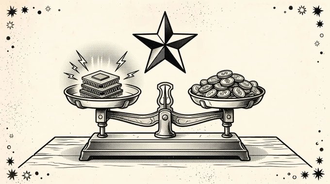 A black and white vintage-style illustration of a balance scale with a stack of books emitting lightning bolts on one side and a pile of coins on the other, topped with a five-pointed star, surrounded by decorative borders.