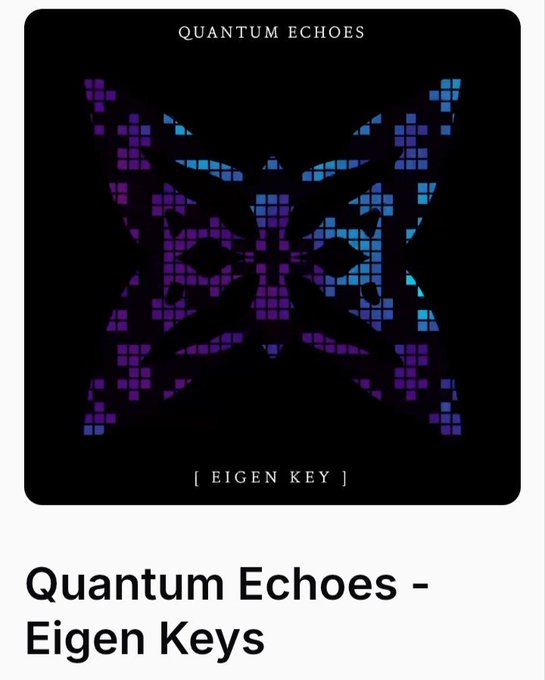 Cover art for 'Quantum Echoes - Eigen Keys' featuring a pixelated butterfly design in purple and blue tones on a black background.