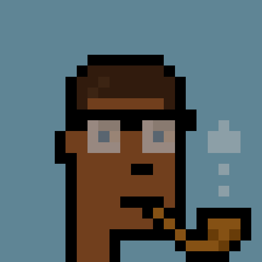 Pixel art style illustration of a brown-skinned character smoking a pipe with a plume of smoke rising beside them, set against a solid blue background.