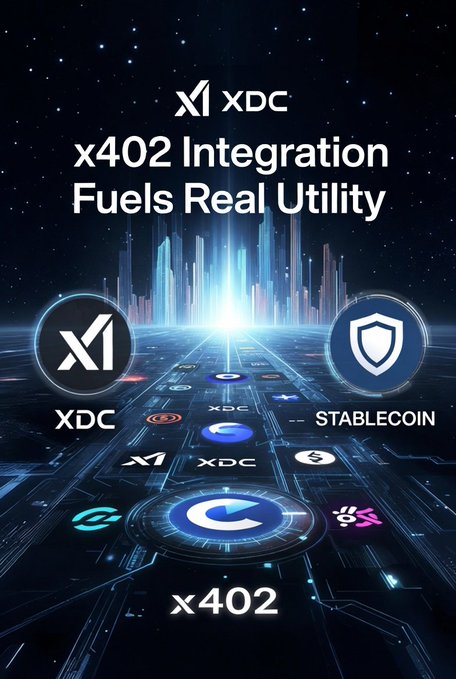 The image features a poster or advertisement for XDC's integration of the x402 default stablecoin registry with the Ethereum blockchain. The poster includes various logos and icons related to the stablecoin, such as a shield, a shield with a sword, and a shield with a sword and shield. The text on the poster highlights the benefits of this integration, including native support for Circle Bridged USDC and access to EIP-3009 capabilities.