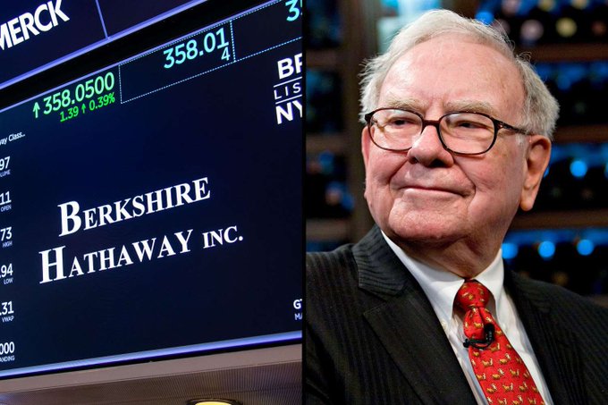 A composite image showing Warren Buffett smiling on the right, alongside a stock ticker displaying 'BERKSHIRE HATHAWAY INC.' at $358.01 on the left.