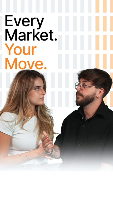 A vertical ad featuring a young woman and bearded man facing each other with the text 'Every Market. Your Move.' overlaid on a striped background.