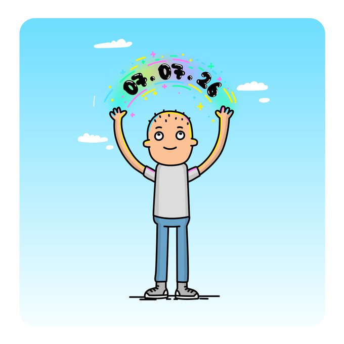 A cartoon illustration of a smiling bald person with arms raised, celebrating with colorful confetti and the numbers '0, 0.7, 2.6' displayed above their head against a blue sky.