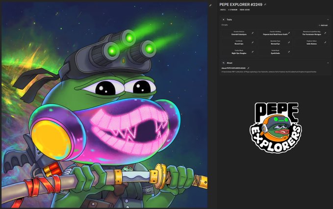 The image features a cartoon frog with a mask on its face, holding a sword and wearing goggles. The background of the image has a green color that matches the frog's mask. There are two other elements in the image - a sticker below the frog and a poster above it. The text "Pepe Explorers" is visible in the image as well.