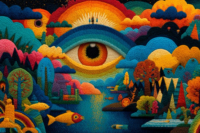 A vibrant, colorful embroidery or textile art piece depicting a surreal landscape with a giant eye, mountains, a sun, a small figure, and fish in water.