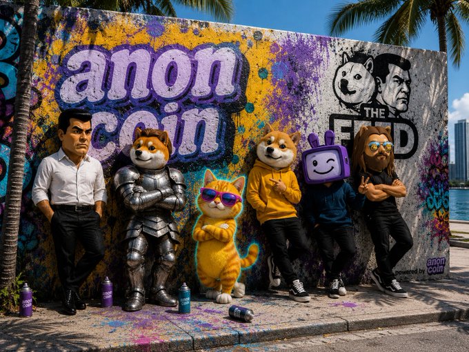 The image features a group of five cartoonish animal characters standing next to each other against a colorful graffiti wall, with one character wearing sunglasses. The text "anon coin" can be seen on the wall behind them. The caption reads "Vibe community member @MBVibez made history tonight with the second live broadcast on the feed only after @dogeofficialceo @SizeChad @anoncoinit So technically, the very first live feed from the public LFV thefeed today/live/6a16052f2 ...".