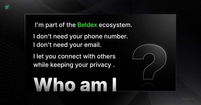 A promotional slide for Beldex.io asking 'Who am I?' and stating: 'I'm part of the Beldex ecosystem. I don't need your phone number. I don't need your email. I let you connect with others while keeping your privacy.'