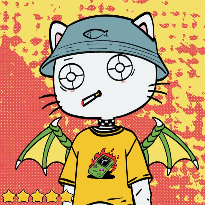 A cartoon cat-like character with target eyes, a fish-emblazoned bucket hat, bat wings, and a Game Boy graphic tee holds a cigarette, set against a vibrant red and yellow halftone background with five stars below—imagery fitting the edgy, NFT mint announcement for "@pepegas_nft."