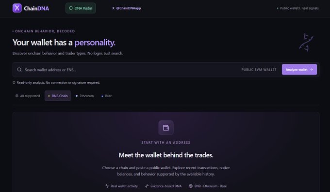 A screenshot of the ChainDNA website with the tagline 'Your wallet has a personality' and a search bar for analyzing public EVM wallets across chains like BNB, Ethereum, and Base.