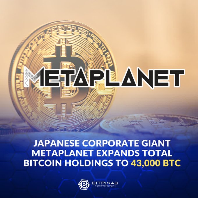 A promotional image featuring a large gold Bitcoin coin with the text "METAPLANET" and a news headline reading "JAPANESE CORPORATE GIANT METAPLANET EXPANDS TOTAL BITCOIN HOLDINGS TO 43,000 BTC" from Bitpinas.