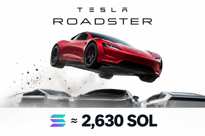 A red Tesla Roadster appears to hover mid-air above other vehicles, with text showing "TESLA ROADSTER" and a price equivalent of approximately 2,630 SOL—hinting at the satirical "flying car" cost question in the post.
