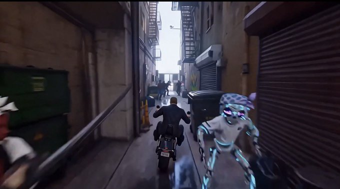The image shows a man on a motorcycle riding through an urban alleyway, accompanied by a glowing, futuristic humanoid character with blue and white markings. This dynamic scene, created by @ruangsunyiart and featured on OpenSea, brings their NFT character "DedGorgez" to life in a cinematic, action-packed moment.