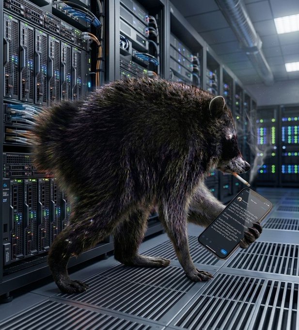 A raccoon in a server room smokes a cigarette while texting a message about "Boba," "Bitcoin," and "Ethereum L2," visually riffing on the post's theme of a potential rotation from AI back to crypto—pairing the trash-loving raccoon mascot with smoky server infrastructure to humorously suggest the AI hype is "cooling off" while crypto prepares to "boil" back up.
