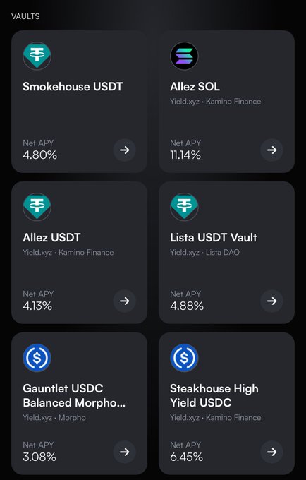 A mobile app interface displays a 'VAULTS' section with six DeFi yield options including Smokehouse USDT (4.80% Net APY), Allex SOL (11.14%), Allex USDT (4.13%), Lista USDT Vault (4.88%), Gauntlet USDC Balanced Morpho (3.08%), and Steakhouse High Yield USDC (6.45%) from protocols like Yield.xyz, Kamino Finance, Lista DAO, and Morpho.