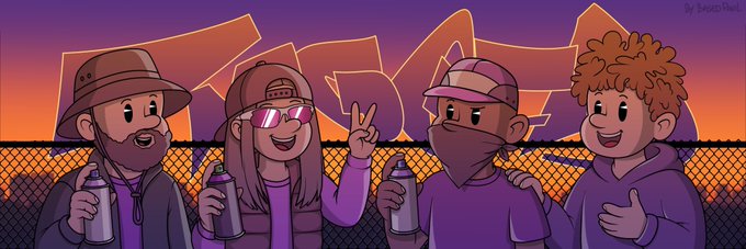 A cartoon illustration shows four characters holding spray paint cans and making peace signs in front of a chain-link fence with purple and orange graffiti art.