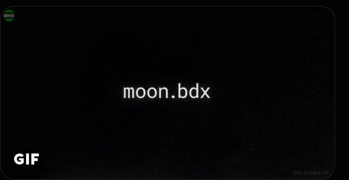 A dark digital card displays the text 'moon.bdx' in white centered text, with a 'GIF' label in the bottom-left corner and a 'BNS' logo in the top-left.