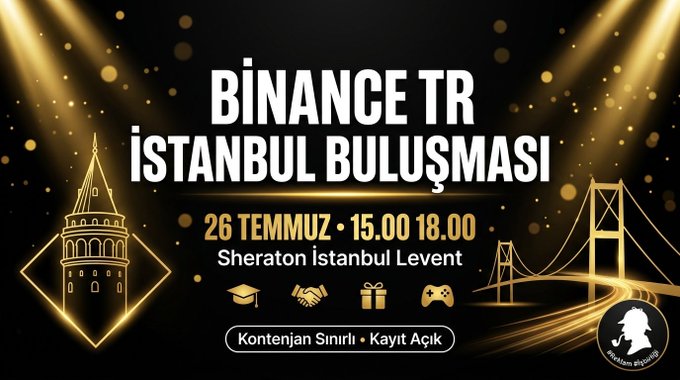 A promotional graphic for the "BİNANCE TR İSTANBUL BULUŞMASI" event, scheduled for July 26th from 15:00 to 18:00 at the Sheraton Istanbul Levent, featuring gold-colored illustrations of Istanbul's Galata Tower and Bosphorus Bridge alongside icons representing education, networking, giveaways, and gaming. The caption "Kontenjan Sınırlı • Kayıt Açık" (Limited Capacity • Registration Open) and the "Profitors Birliği" logo indicate a call for the Turkish crypto community to attend this networking gathering.