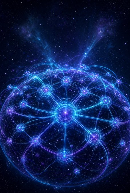A digital artwork depicting a glowing blue and purple celestial sphere or cosmic web with interconnected nodes and beams of light set against a starry space background.
